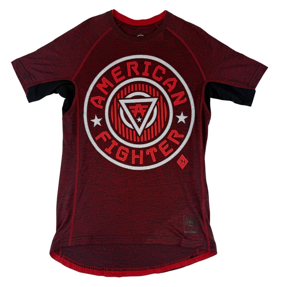 American Fighter T-Shirt Mens Medium Burgundy Black Space Dye Graphic Raglan Tee
